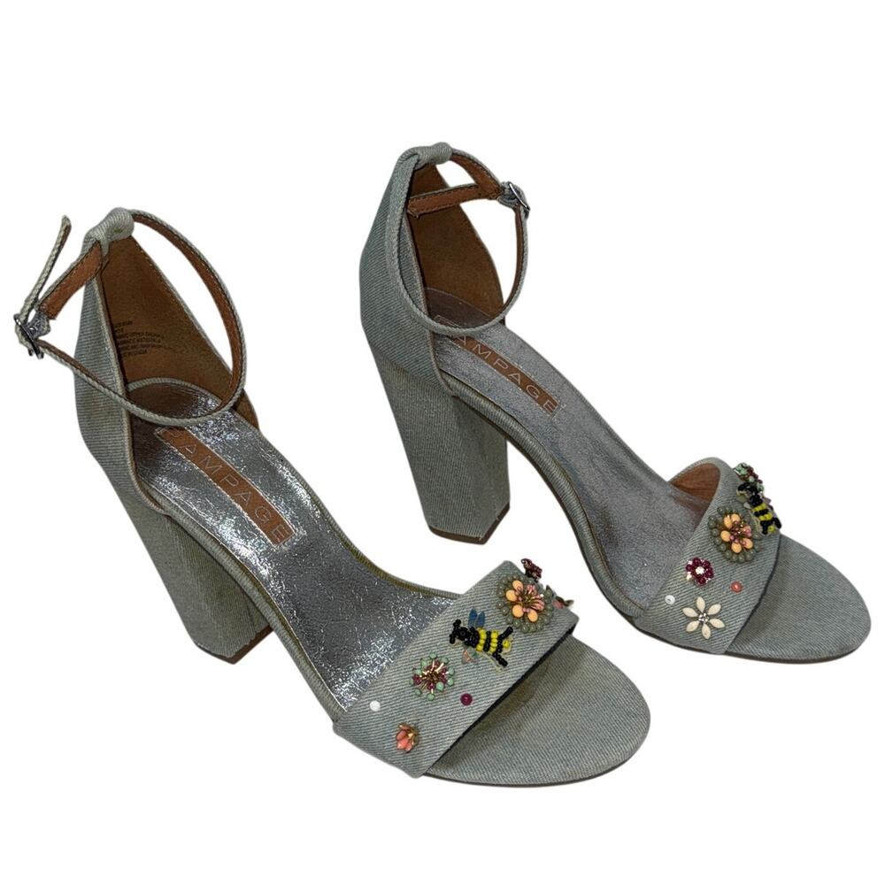 Rampage Embellished Strappy Heels Womens 9.5 Blue Denim Jean Shoe Summer Sandal